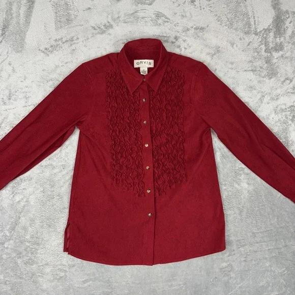 Orvis Tuxedo‎ Ruffle Blouse Sz 6 Sueded Polyester Button Up Rodeo Red - Picture 6 of 10